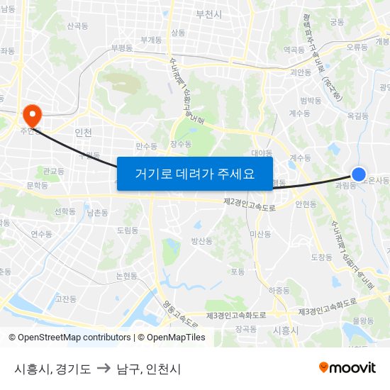 시흥시, 경기도 to 남구, 인천시 map