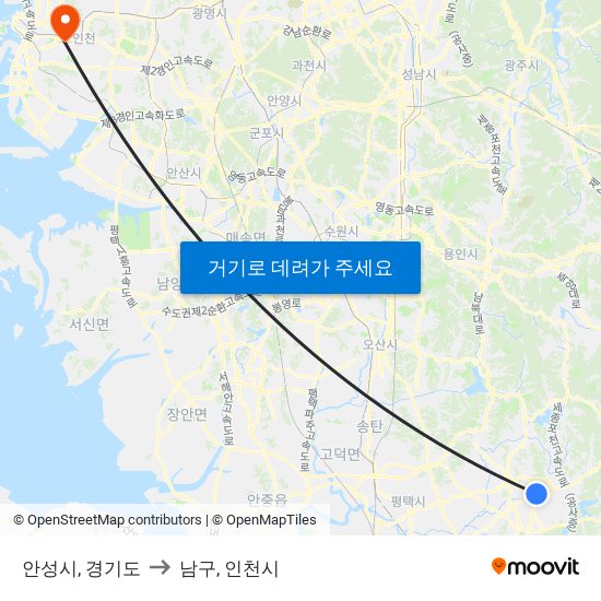 안성시, 경기도 to 남구, 인천시 map