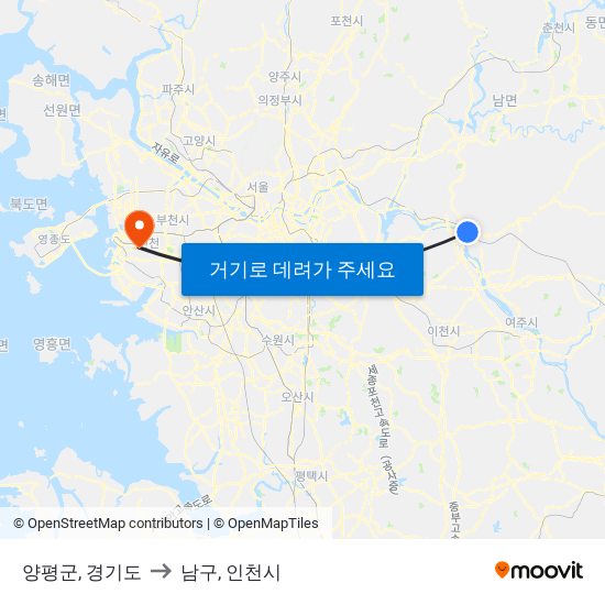 양평군, 경기도 to 남구, 인천시 map