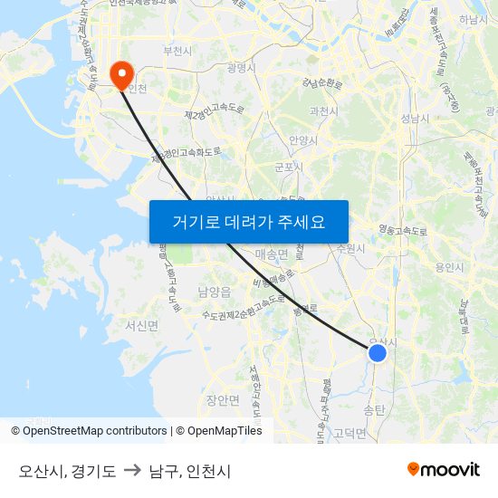 오산시, 경기도 to 남구, 인천시 map