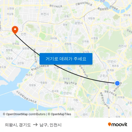 의왕시, 경기도 to 남구, 인천시 map