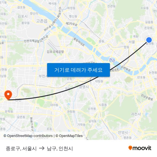 종로구, 서울시 to 남구, 인천시 map