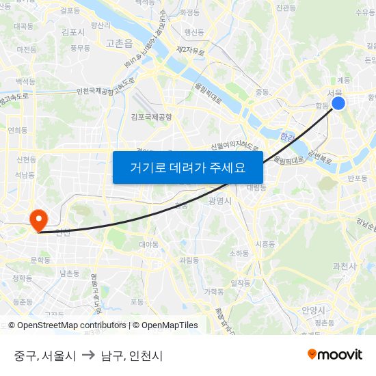 중구, 서울시 to 남구, 인천시 map