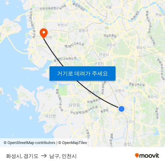 화성시, 경기도 to 남구, 인천시 map