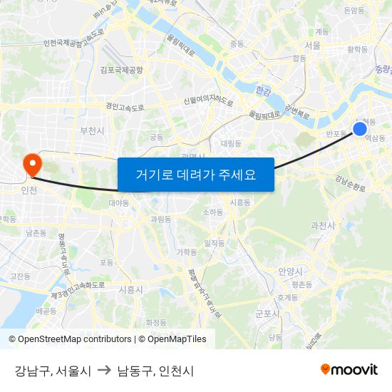 강남구, 서울시 to 남동구, 인천시 map
