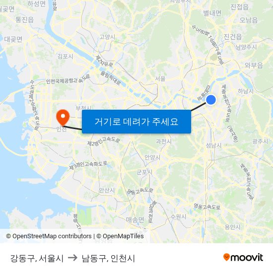 강동구, 서울시 to 남동구, 인천시 map