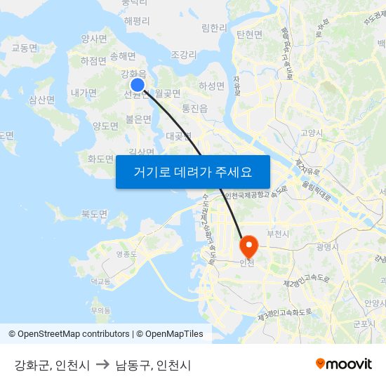 강화군, 인천시 to 남동구, 인천시 map