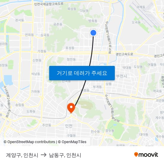 계양구, 인천시 to 남동구, 인천시 map