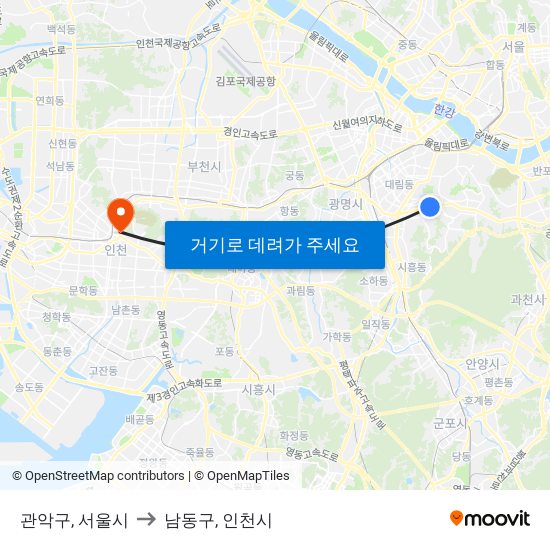 관악구, 서울시 to 남동구, 인천시 map