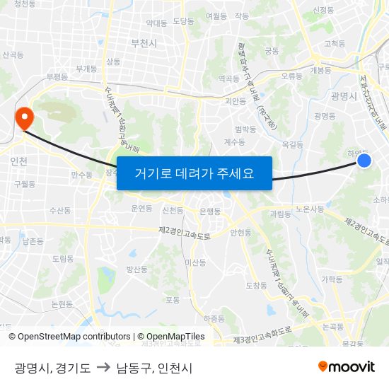 광명시, 경기도 to 남동구, 인천시 map