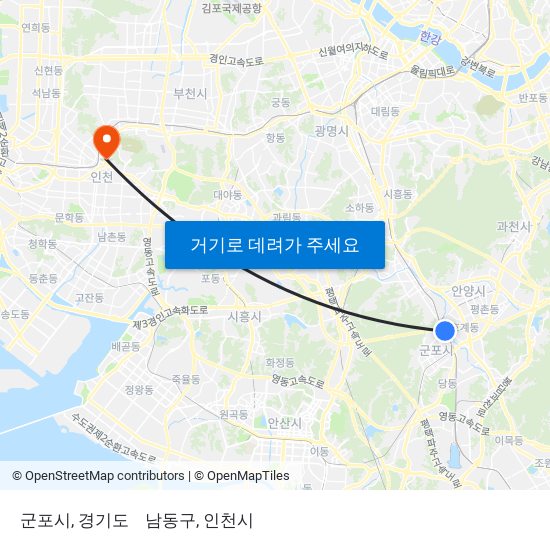 군포시, 경기도 to 남동구, 인천시 map