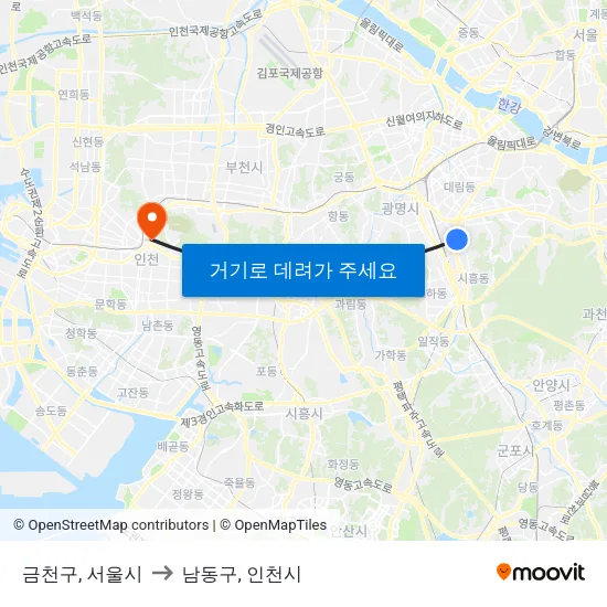 금천구, 서울시 to 남동구, 인천시 map