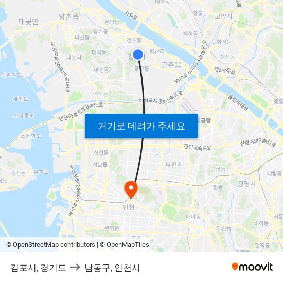 김포시, 경기도 to 남동구, 인천시 map