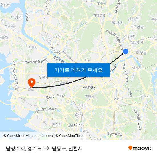 남양주시, 경기도 to 남동구, 인천시 map