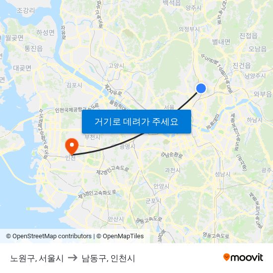 노원구, 서울시 to 남동구, 인천시 map