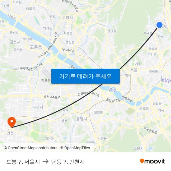 도봉구, 서울시 to 남동구, 인천시 map