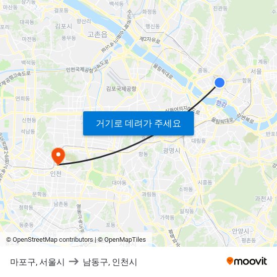 마포구, 서울시 to 남동구, 인천시 map