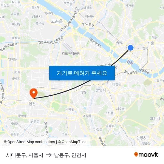 서대문구, 서울시 to 남동구, 인천시 map
