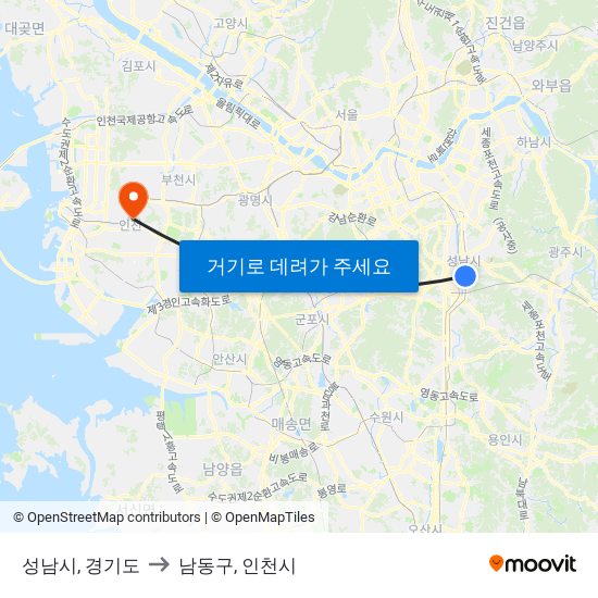 성남시, 경기도 to 남동구, 인천시 map