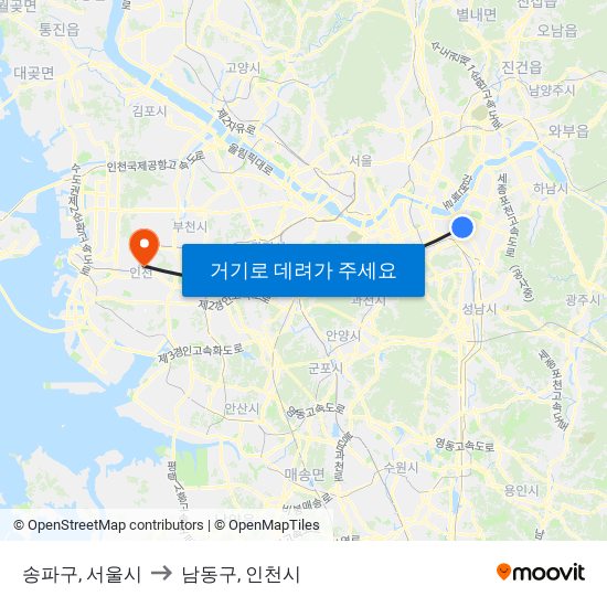 송파구, 서울시 to 남동구, 인천시 map