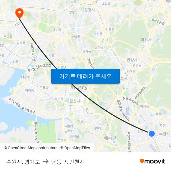 수원시, 경기도 to 남동구, 인천시 map