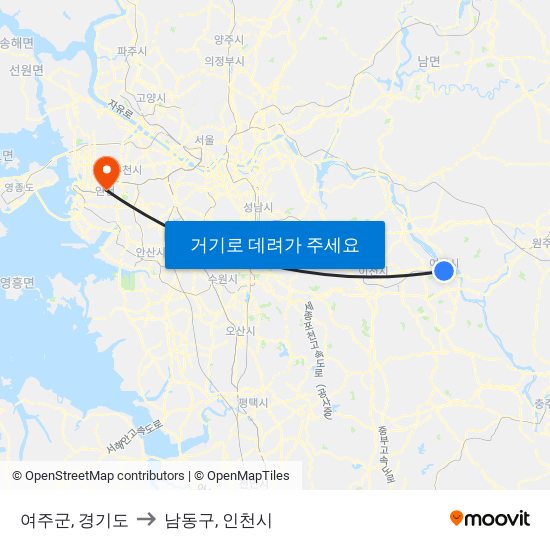여주군, 경기도 to 남동구, 인천시 map