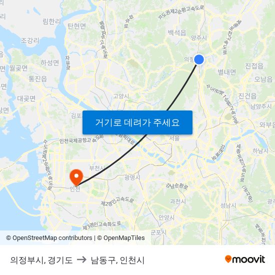 의정부시, 경기도 to 남동구, 인천시 map