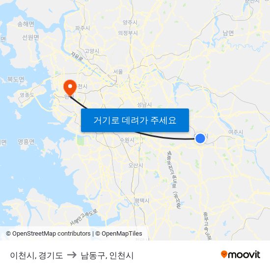 이천시, 경기도 to 남동구, 인천시 map