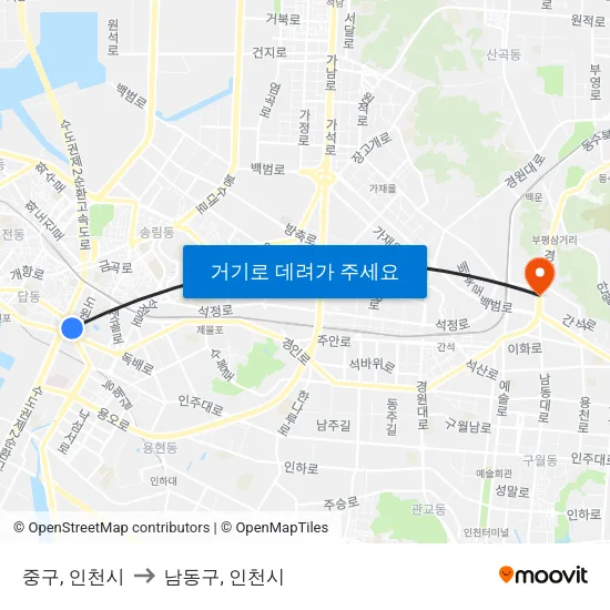 중구, 인천시 to 남동구, 인천시 map