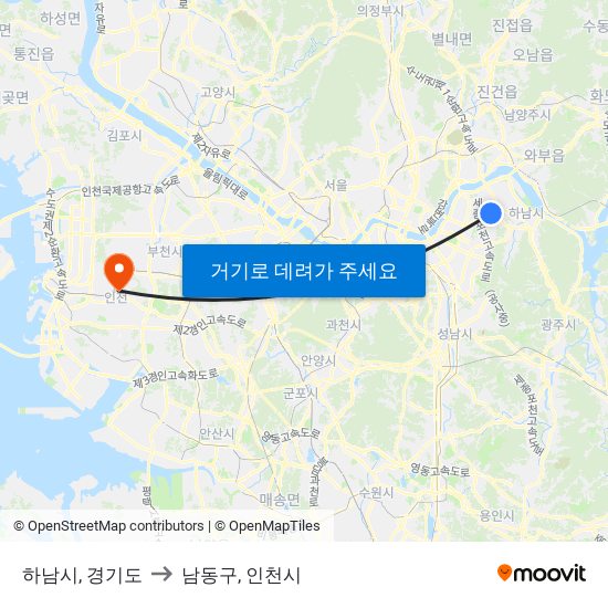 하남시, 경기도 to 남동구, 인천시 map