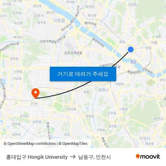 홍대입구 Hongik University to 남동구, 인천시 map