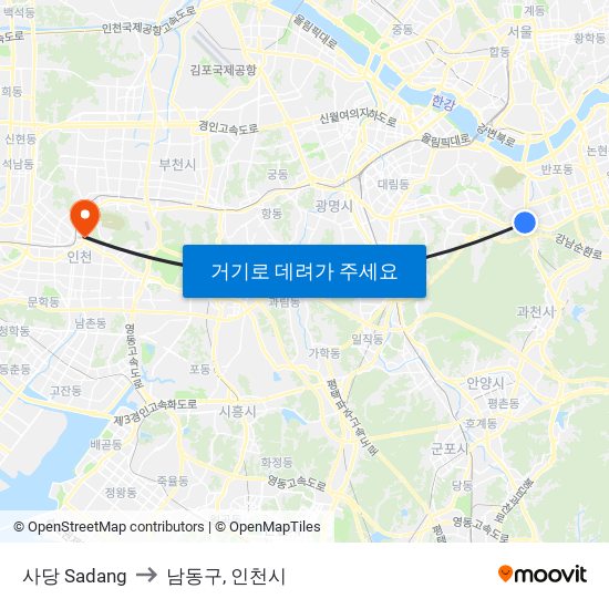 사당 Sadang to 남동구, 인천시 map