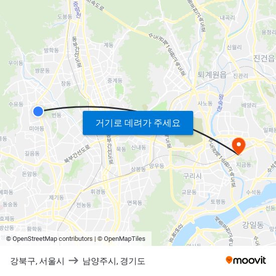 강북구, 서울시 to 남양주시, 경기도 map