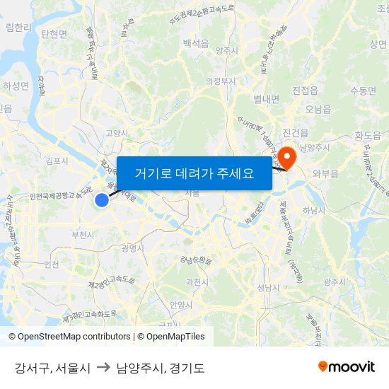 강서구, 서울시 to 남양주시, 경기도 map