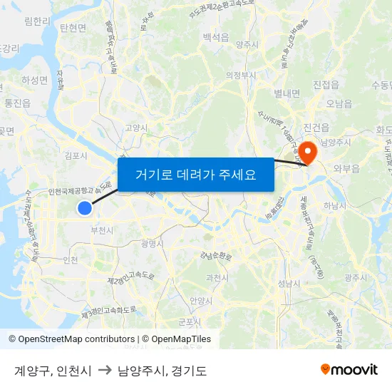 계양구, 인천시 to 남양주시, 경기도 map