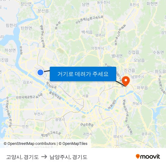 고양시, 경기도 to 남양주시, 경기도 map