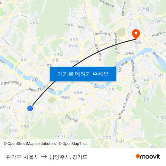 관악구, 서울시 to 남양주시, 경기도 map