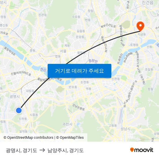 광명시, 경기도 to 남양주시, 경기도 map