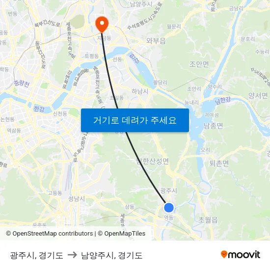 광주시, 경기도 to 남양주시, 경기도 map