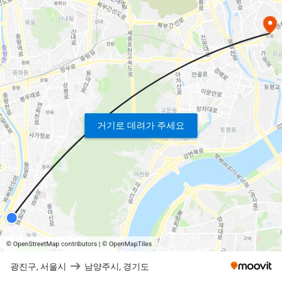 광진구, 서울시 to 남양주시, 경기도 map