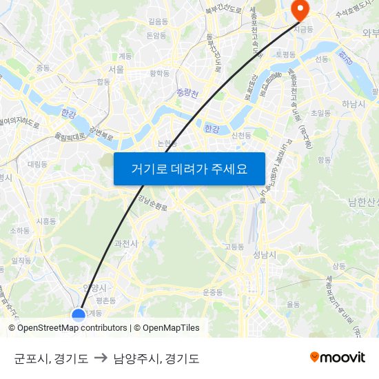 군포시, 경기도 to 남양주시, 경기도 map