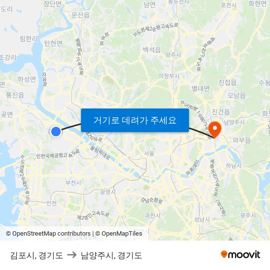 김포시, 경기도 to 남양주시, 경기도 map