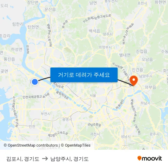 김포시, 경기도 to 남양주시, 경기도 map