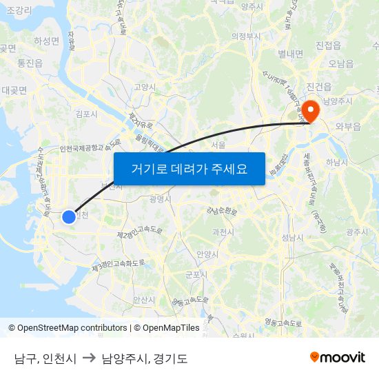 남구, 인천시 to 남양주시, 경기도 map