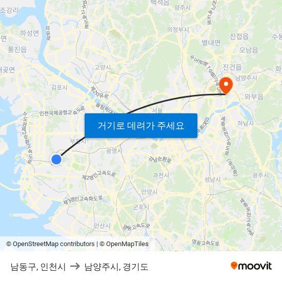 남동구, 인천시 to 남양주시, 경기도 map