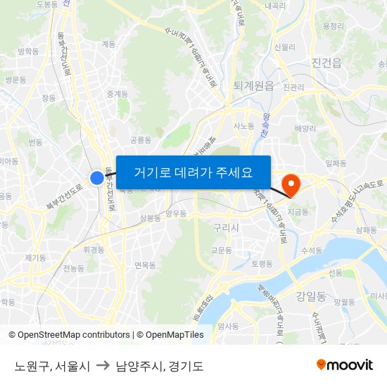 노원구, 서울시 to 남양주시, 경기도 map