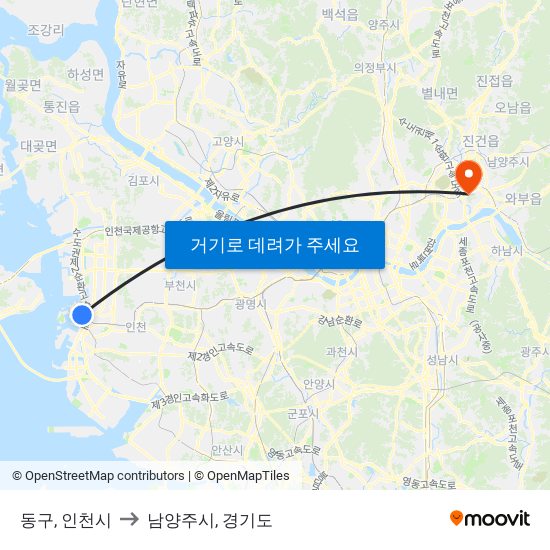 동구, 인천시 to 남양주시, 경기도 map