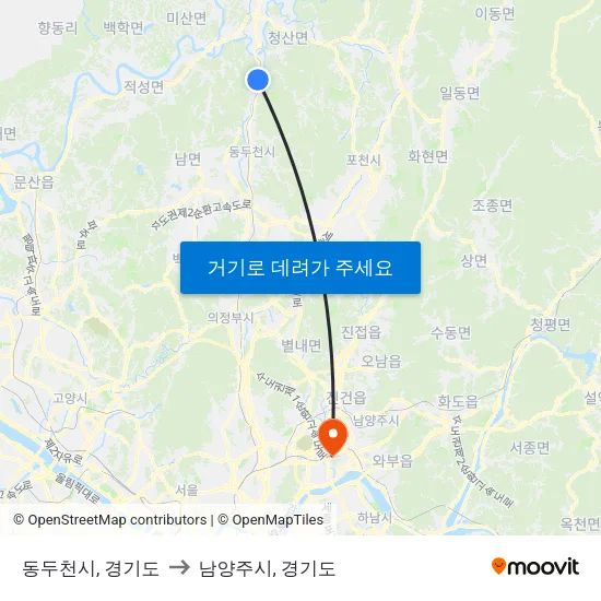 동두천시, 경기도 to 남양주시, 경기도 map