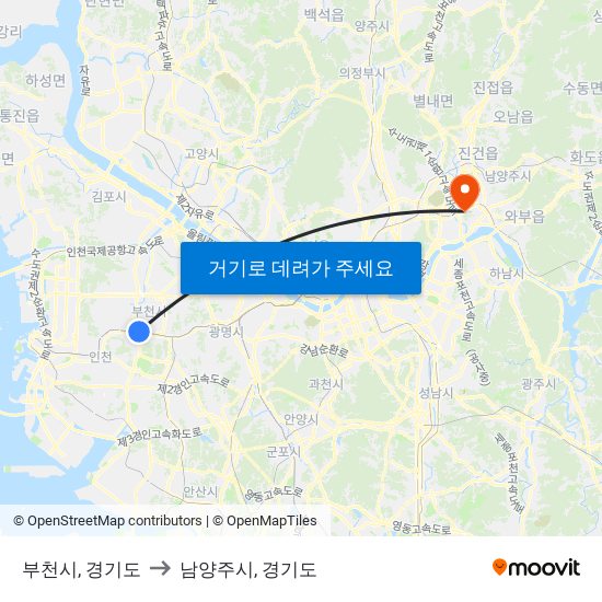 부천시, 경기도 to 남양주시, 경기도 map