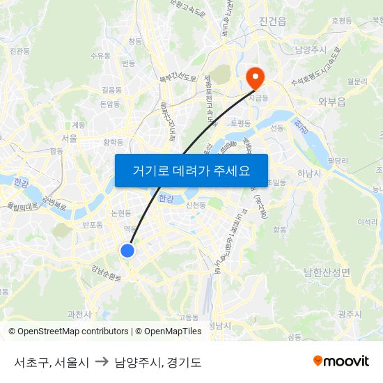 서초구, 서울시 to 남양주시, 경기도 map